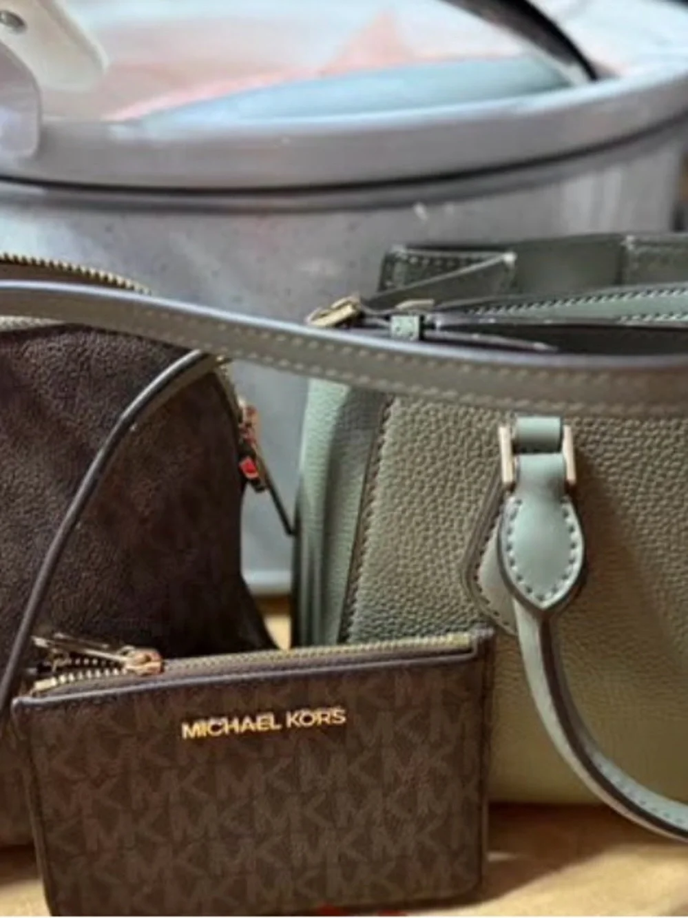 Michael Kors Green Pebbled Leather Satchel with Brown Logo Card Case